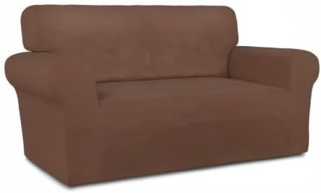 PureFit Stretch Loveseat Covers Fleece Couch Covers for Sofa Brown | 1-Piece Sofa Slipcover Soft Couch Protector, Sofa Cover Washable with Non Skid Foam and Elastic Bottom for Kids, Dogs