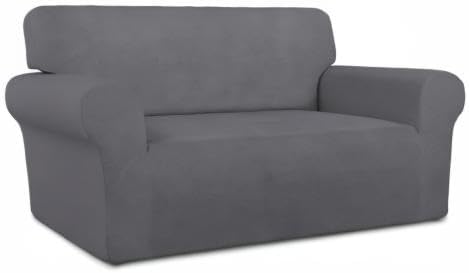 PureFit Stretch Loveseat Covers Fleece Couch Covers for Sofa Gray | 1-Piece Sofa Slipcover Soft Couch Protector, Sofa Cover Washable with Non Skid Foam and Elastic Bottom for Kids, Dogs