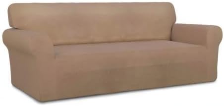 PureFit Stretch Couch Covers for Sofa Large Sofa Slipcovers Camel | 1-Piece Spandex Couch cover Soft Couch protector, Sofa cover Washable with Non Skid Foam and Elastic Bottom for Kids, Dogs