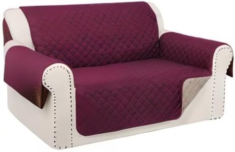 Reversible 45" Small Loveseat Sofa Covers, Burgundy/Camel | Loveseat Covers for Dogs Water Repellent, Friendly Furniture Protector with Elastic Straps for Living Room
