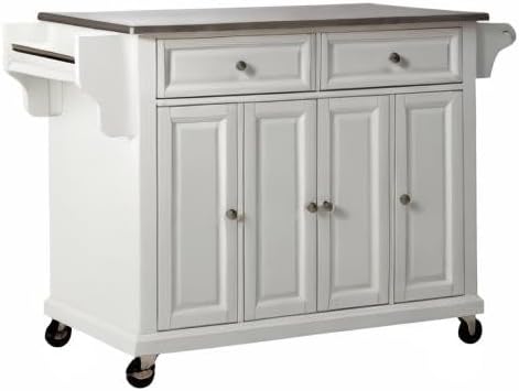 Crosley Furniture Full Size Stainless Steel Rolling Kitchen Island Storage Cart, Microwave Stand, Spice Rack, White