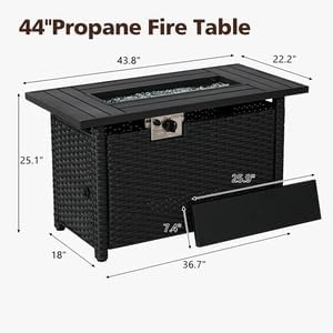 Aoxun 44" Propane Fire Pit 50,000 BTU Outdoor Wicker Fire Table with Wood-grainTabletop Patio Rectangular 2-in-1 Gas Fire Pit Table with Firepit Lid and Waterproof Cover(Black Rattan& Black Tabletop)