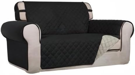 PureFit Reversible Quilted Couch Covers for Dogs Loveseat Sofa Cover 46.5” | Black/Beige, Water Resistant Couch Protector, Washable Pet Couch Cover with Non Slip and Elastic Straps For Kids