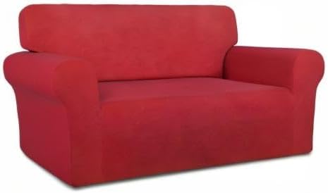 PureFit Stretch Loveseat Covers Fleece Couch Covers for Sofa Red | 1-Piece Sofa Slipcover Soft Couch Protector, Sofa Cover Washable with Non Skid Foam and Elastic Bottom for Kids, Dogs