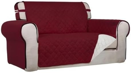 PureFit Reversible Quilted Couch Covers for Dogs Loveseat Sofa Cover 46.5” | Red/Ivory, Water Resistant Couch Protector, Washable Pet Couch Cover with Non Slip and Elastic Straps For Kids