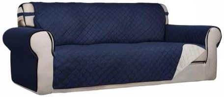 PureFit Reversible Quilted Sofa Cover, Water Resistant Slipcover Furniture Protector, Washable Couch Cover with Non Slip Foam and Elastic Straps for Kids, Dogs, Pets (Sofa, Navy/Ivory) Large | Navy/Ivory, Water Resistant Couch Protector, Washable Pet C...
