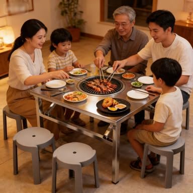 Embedded Stainless Steel Korean Charcoal BBQ Grill Foldable Outdoor Table, Outdoor Barbecue and hot Pot Easy Clean Multifunctional Design Patio Family Party & Restaurant,Rectangle L3.9ft*W2.6ft/