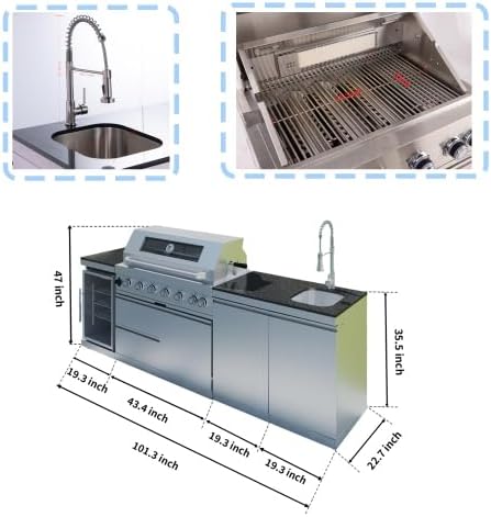 Outdoor Kitchen Island, 96 Inch 6 Burner Gas Grill Combination With Refrigerator and Sink, Outdoor Stainless Steel Barbecue Bar, Natural Gas Barbecue Grill 85000 BTU for Patios, Gardens, Parties