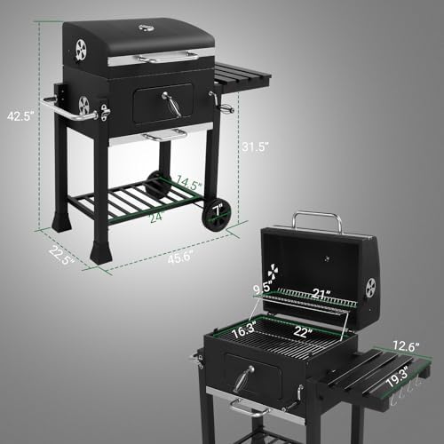 Portable Charcoal Grill 40" - Heavy-Duty Outdoor BBQ with Thermometer & Dual Doors, Perfect for Camping, Beach, Garden, Patio & Backyard - Black 116x57x108cm