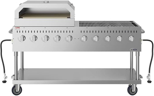 Pemberly Row 72" Commercial Outdoor Propane Gas Grill with Dual 36" Pizza Ovens, 10-Burner Stainless Steel BBQ