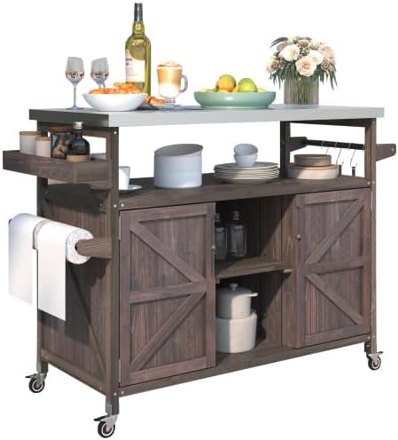 Outdoor Grill Cart with Storage, Rolling Bar Cart and Lockable Wheels, Farmhouse Solid Wood Outdoor Grill Table with Stainless Steel Top, Spice Rack, Towel Rack for Kitchen and BBQ, Dark Brown