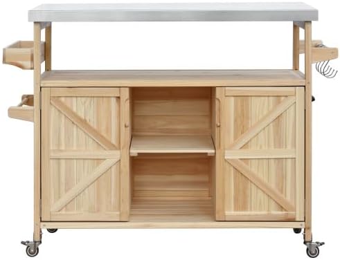 Bellemave Outdoor Kitchen Island with Stainless Steel Top, Rolling Bar Cart & Storage Cabinet, Outdoor Grill Cart with Spice & Towel Rack, Rolling Island Table for Kitchen & BBQ, Natural