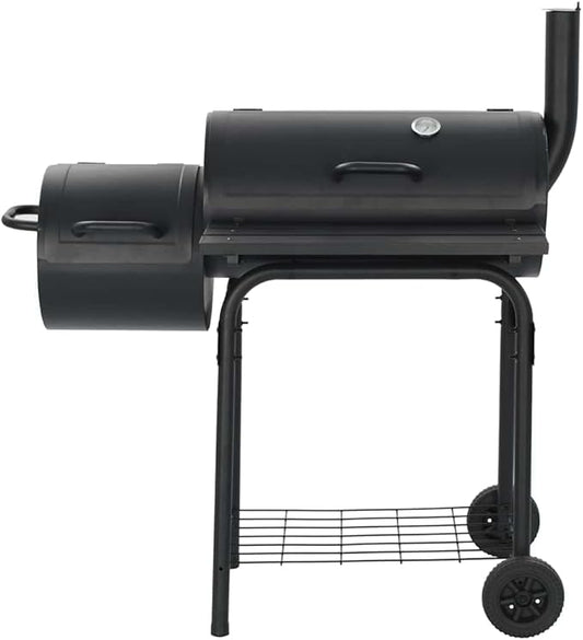 Charcoal Smoker Grill with Offset Firebox, Thick Metal Body, Integrated Thermometer, Front Shelf, Storage Shelf, and 2 Wheels for Outdoor BBQ