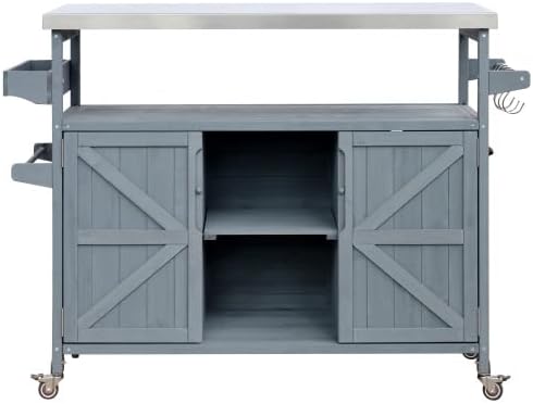 Bellemave Outdoor Kitchen Island with Stainless Steel Top, Rolling Bar Cart & Storage Cabinet, Outdoor Grill Cart with Spice & Towel Rack, Rolling Island Table for Kitchen & BBQ, Grey Blue
