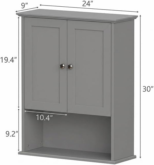 Medicine Cabinet, Over The Toilet Storage Cabinet, 24x30 Inch Wall Mount Bathroom Storage Cabinet with 2 Doors & Adjustable Shelf, Wooden Bathroom Wall Cabinet, Grey
