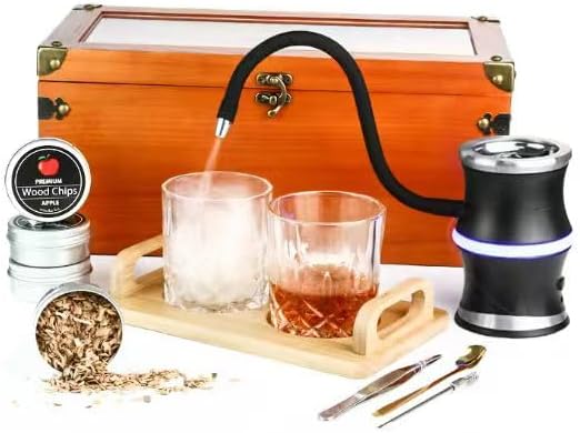 Electric Old Fashioned Smoker Kit, Whiskey Smoker Kit with Wooden Smoke Box, Cocktail Smoker Kit Infuse Rich Smoky in Bourbon&Cocktail, Home Bar Birthday Whiskey Gift for Men, Dad, Husband, Boyfriend
