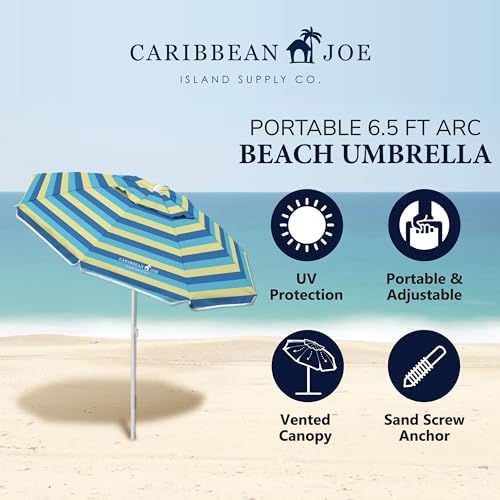 Caribbean Joe Beach Umbrella, Portable and Adjustable Tilt Sun Umbrella with UV Protection, Vented Canopy, Full 6.5 ft Arc