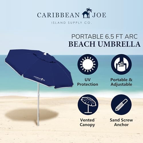 Caribbean Joe Beach Umbrella, Portable and Adjustable Tilt Sun Umbrella with UV Protection, Vented Canopy, Full 6.5 ft Arc