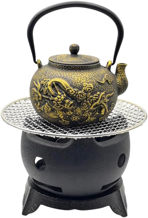 Aluminium Alloy BBQ Grill Stove Charcoal Barbecue for Household, Tea Kettle Warmer, Tea Stove with Cast Iron Trivet and 304 Stainless Steel Mesh, Portable Grill (40.6oz Teapot Set with Stove)