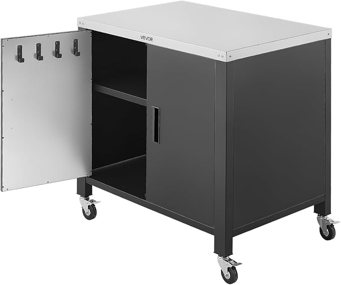 VEVOR Outdoor Grill Cart with Storage Cabinet, 40 Inch Grill Table, Waterproof Kitchen Island with Stainless Steel Top, Spice Rack, and Wheels, Movable Food Prep Station for Patio Bar Backyard BBQ