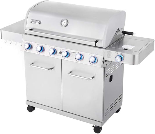 Monument Grills 6 Burner 640 sq.in. Stainless Steel Propane Gas Grill with a Rotisserie Kit, a Side Burner, a Built-In Thermometer, Large Cabinet Style Grill