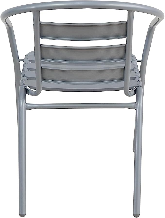 BTEXPERT Gray Lightweight Indoor Outdoor 23.75" Restaurant Stainless Steel Silver Metal Aluminum Slat Stack Commercial, 4 Chairs with a Square Table