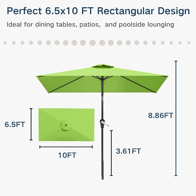 6.5' x 10' Rectangular Patio Umbrella Large Outdoor Market Umbrella w/UV Protection, Push Button Tilt and Crank Lift, Rectangle Table Umbrella for Garden, Deck, Pool, Patio, Apple Green