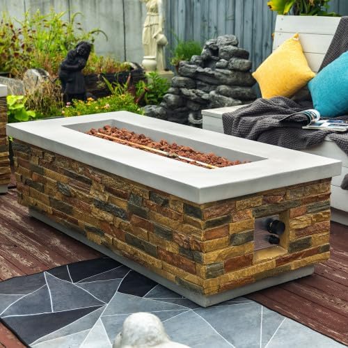 60" Outdoor Propane Gas Fire Pit, 60,000 BTU Patio Firepit, Concrete Fire Pit with Stacked Stone Base, Stainless Steel Burner, Lava Rocks, Optional Natural Gas Conversion Fire Pit