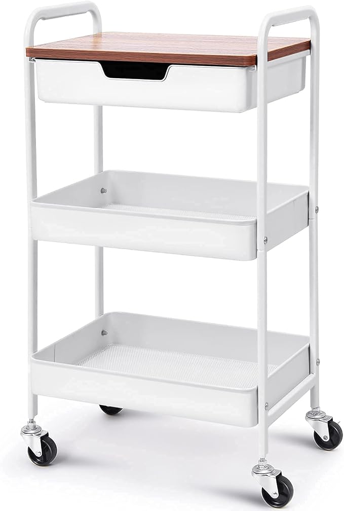 TOOLF 3 Tier Rolling Cart with Drawer, Metal Utility Storage Cart, White | Wooden Tabletop, Lockable Metal Wheels, Trolley Organizer for Bathroom, Kitchen, Office, Nursery, Dorm, Laundry, Craft Room