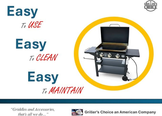 Griller's Choice Gas Griddle with Hinged Hood & Wind Guards, 4 Shelves, Propane Griddle for Flat Grills Outdoor Cooking, Front Grease Management, Steel Flattop Grills Surface, Precision Heat Control