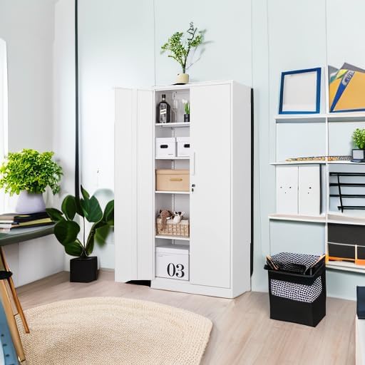 Fesbos Metal Storage Cabinet-71โ Tall Steel File Cabinets with Lockable Doors and Adjustable Shelves-White Steel Storage Cabinet for Home, School, Office, Garage
