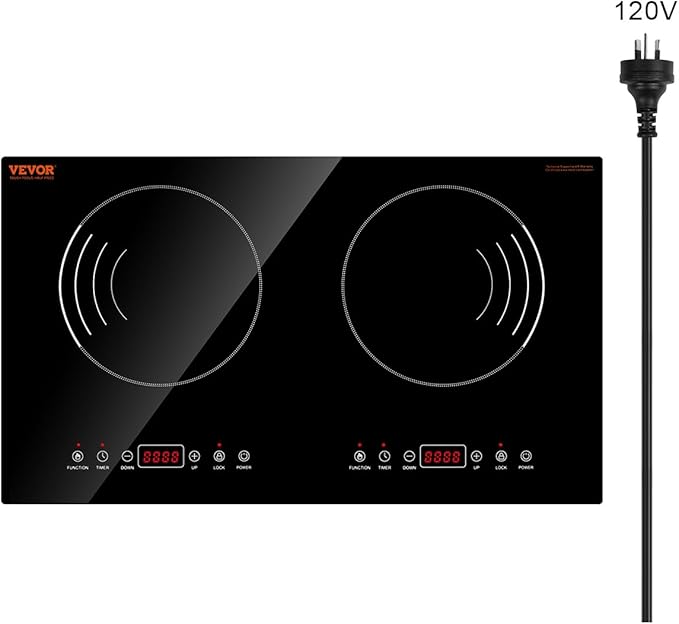 VEVOR Induction Cooktop, 1800W Electric Countertop Burner with 9 Power Settings, 2 Burner Touch Control Stove, Built-in Induction Cooktop, Include 99-Min Timer, Child Safety Lock, Glass Surface
