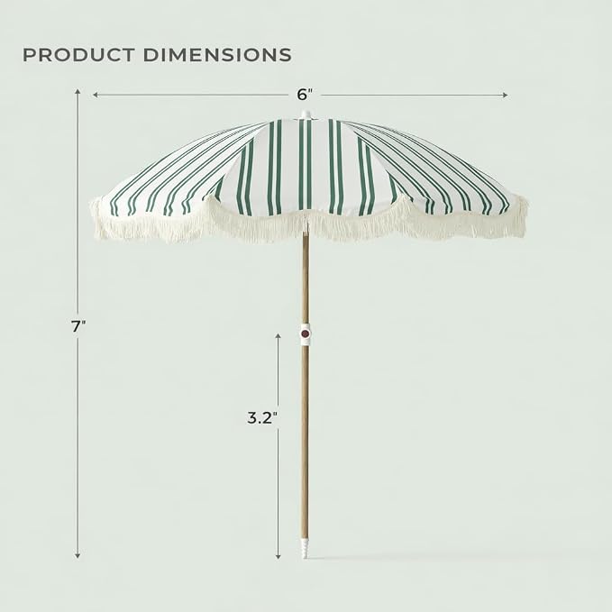 6FT Striped Fringe Beach Umbrella, Sand Anchor, UPF 50+ Sun Shade | Adjustable Tilt & Portable Design, Coastal Umbrella for Beach & Patio, Heritage Ocean Cypress Stripe