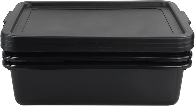 Pack of 3 Food Service Bus/Utility Tote Box with Lid, 13 L | Plastic Restaurant Dish Tub, Black Stackable Storage Bins for Restaurant Kitchen, Catering, and Cleaning Supplies