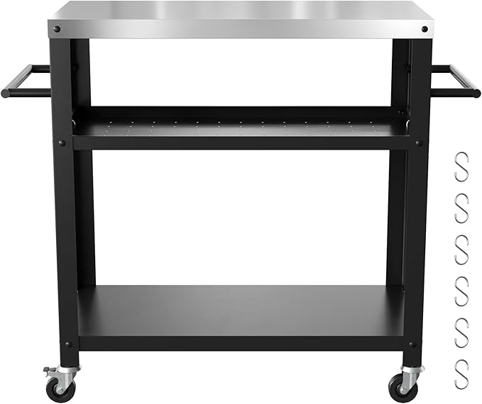 Nessxa Outdoor Grill Cart with Three-Shelf, Stainless Steel Pizza Oven Table for Outside, Dining Kitchen Cart with Two Side Handle, Garden Patio BBQ Kitchen Food Prep Table Cart (Black)
