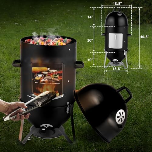 Portable Charcoal Grill - Heavy-Duty Outdoor BBQ with Thermometer & Doors, Perfect for Camping, Beach, Garden, Patio & Backyard, 48x48x119cm, Black