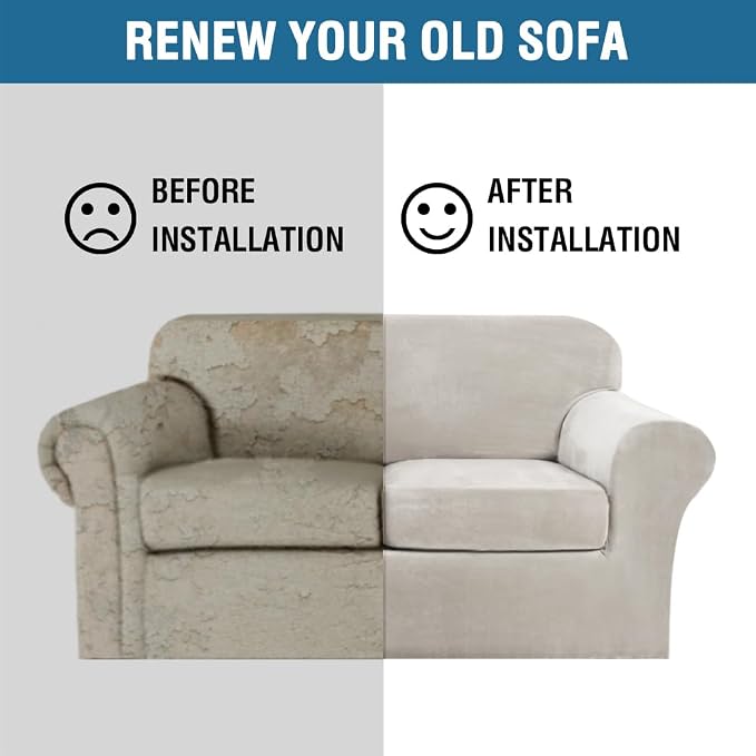 H.VERSAILTEX Real Velvet Plush 3 Piece Stretch Sofa Covers Couch Covers for 2 Cushion Couch Sofa Slipcovers Width Up to 90 Inch Thick Soft Stay in Place (Large Sofa, Oatmeal)