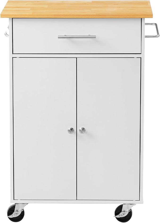 VEVOR Kitchen Island Cart with Storage, 24.84 in Wide Mobile Rolling Storage Island on Swivel Wheels, with Drawer, Storage Cabinet, Towel Rack, Hooks, Table for Home Dining Room, White