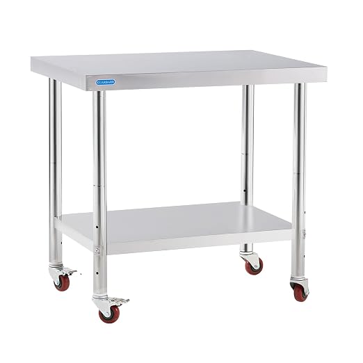 KUARBARR Stainless Steel Table for Prep & Work with 4 Caster Wheels with Undershelf 30 x 36 NSF Metal Commercial Kitchen Adjustable Under Shelf Worktable for Restaurant Home Outdoor
