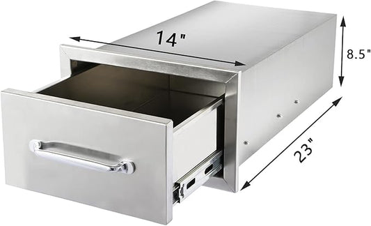 Ryan 14x8.5x23 Inch Outdoor Stainless Kitchen Drawers, 1-Tier Stainless Steel BBQ Drawers, Single Access with Handle for BBQ Island