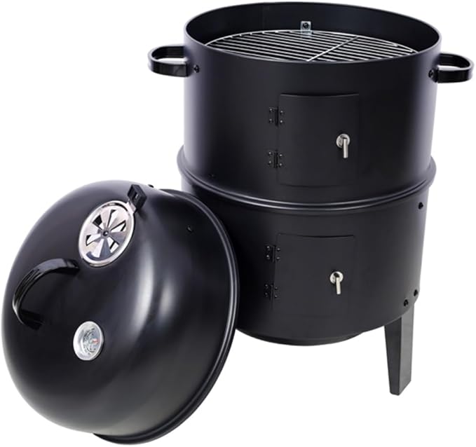 3-in-1 Vertical Charcoal Smoker Grill, 2-Tier BBQ Grill with Built-in Thermometer, Adjustable Air Vent, Dual Access Doors & Porcelain Pans for Grilling, Roasting