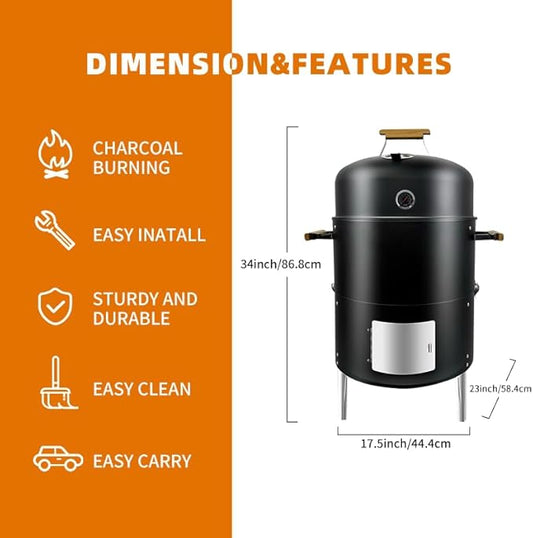 17" BBQ Smoker Grill Built in Thermometer Air Vent and adding charcoal door Multi-Layer heavy duty Meat Smoker Grill