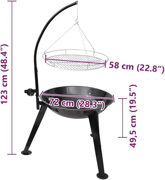 Charcoal BBQ Grill Stand with Height Adjustable Hanging Grilling Plate, 22.8 Inch Round Barbecue Pit for Outdoor Backyard Parties, Camping, and Picnics, Black