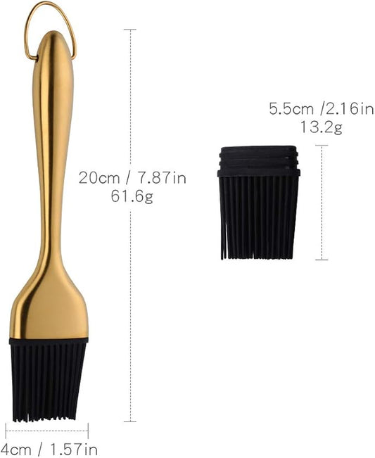 2 Pack Grill Basting Brush with 2 Pack Back Up Silicone Brush Heads, No Shed Bristles Stainless Steel Handles Heatproof Rust Resistant, Pastry Brushes for Kitchen Cooking BBQ (Gold)