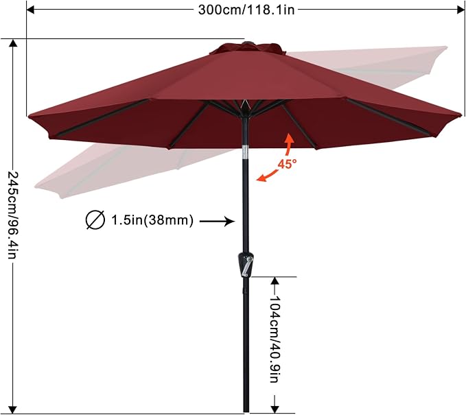 MASTERCANOPY 10ft Patio Umbrella with Tilt & Crank, Burgundy | 8 Sturdy Ribs, Vented Top, UV & Water Resistance, Quick Setup – Perfect for Garden, Deck, Backyard, Pool