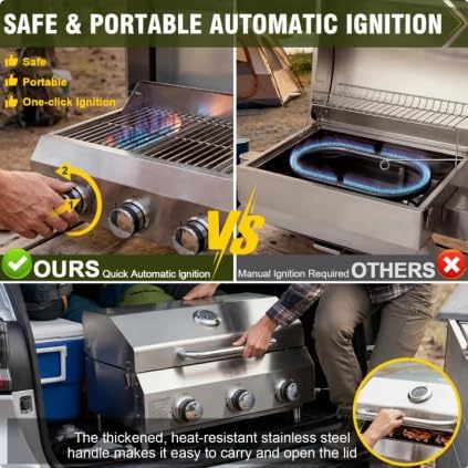 Bestfire 3-Burner Tabletop Gas Grill, 30,000 BTU Portable Propane Grill, Heavy-Duty Thickened Stainless Steel Grates, Stainless Steel Knobs, Compact & Detachable Legs for Camping, RV&BBQ