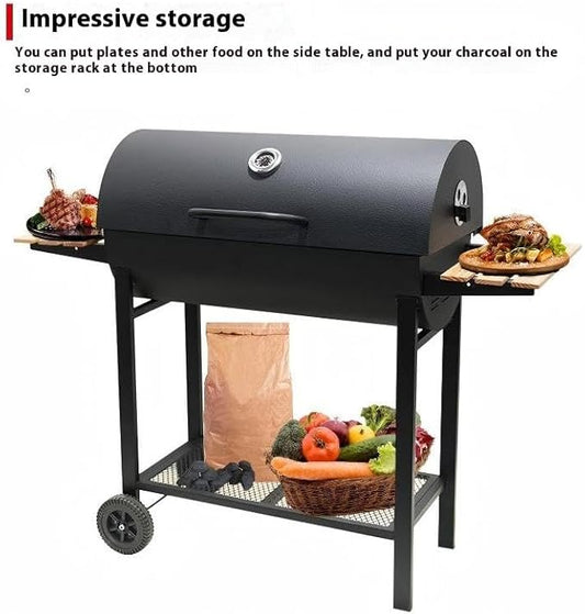 Charcoal Grill with Two Side Tables, Heavy Duty Steel BBQ Grill for Outdoor Picnics, Backyard Patios and Parties