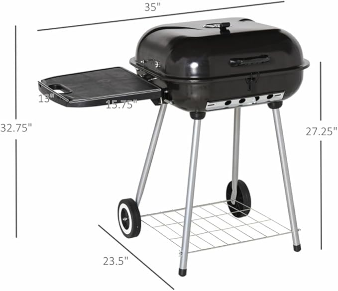 Portable Charcoal Grill with Lockable Lid & Wheels - 35 Inch Outdoor BBQ Grill for Camping, Picnics, Backyard - Porcelain-Enameled Bowl, Adjustable Damper, Warming Grate, Foldable Shelf - Rust-Resista