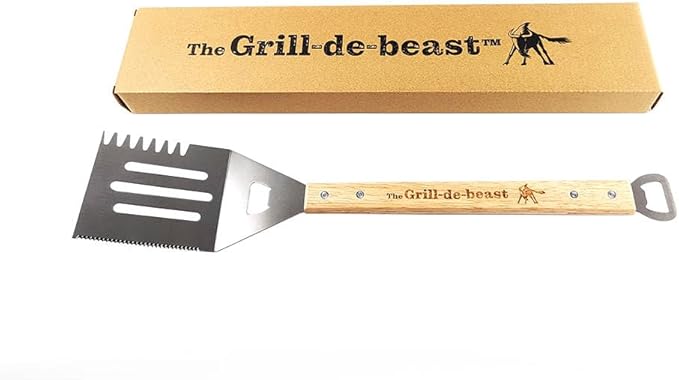Grill-de-Beast 6-in-1 Stainless Steel Spatula with Engraved Wood Handle – Ultimate Grilling Tool for Burgers, Steaks, Veggies & More!