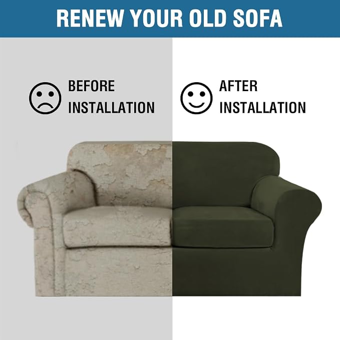 H.VERSAILTEX Real Velvet Plush 3 Piece Stretch Sofa Covers Couch Covers for 2 Cushion Couch Sofa Slipcovers Width Up to 90 Inch Feature Thick Soft Stay in Place (Sofa, Olive)